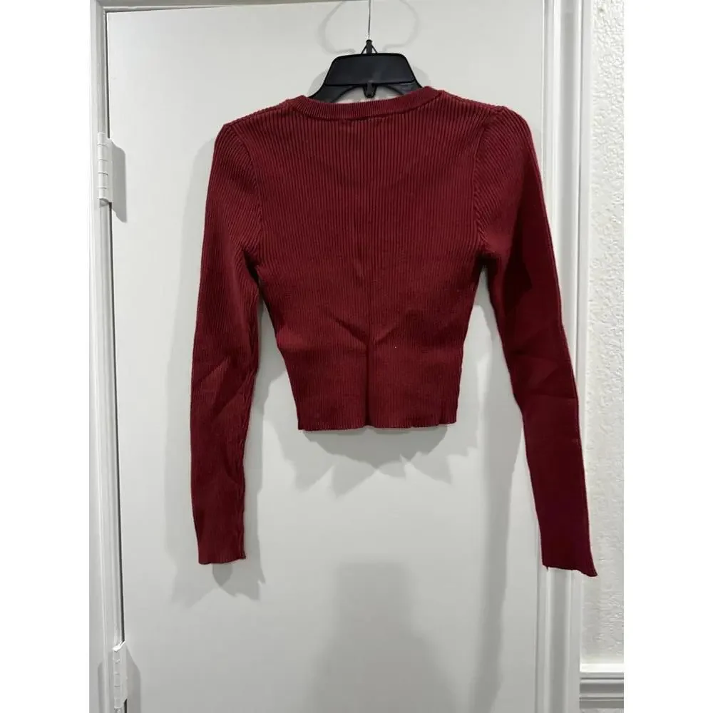 Forever 21 Red & Green Ribbed Henley Long Sleeve Crop Sweater Set- Size Small - Picture 3 of 9